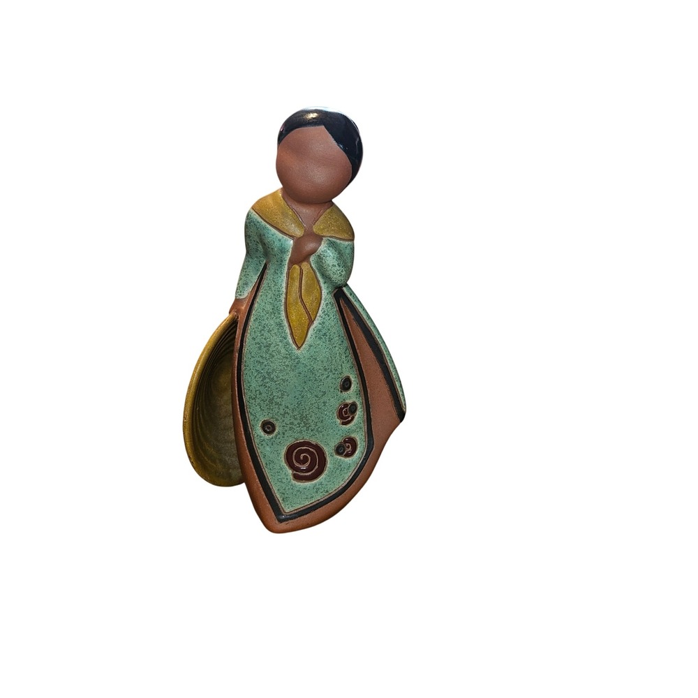 Gom‎ Viet Ceramic Vietnamese Woman Figurine Traditional Dress Conical Hat Teal